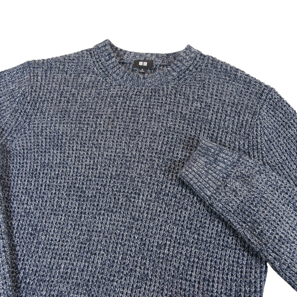 Uniqlo Mens Sweater Pullover M Dark Blue Textured Cotton Acrylic Knit Crew Neck